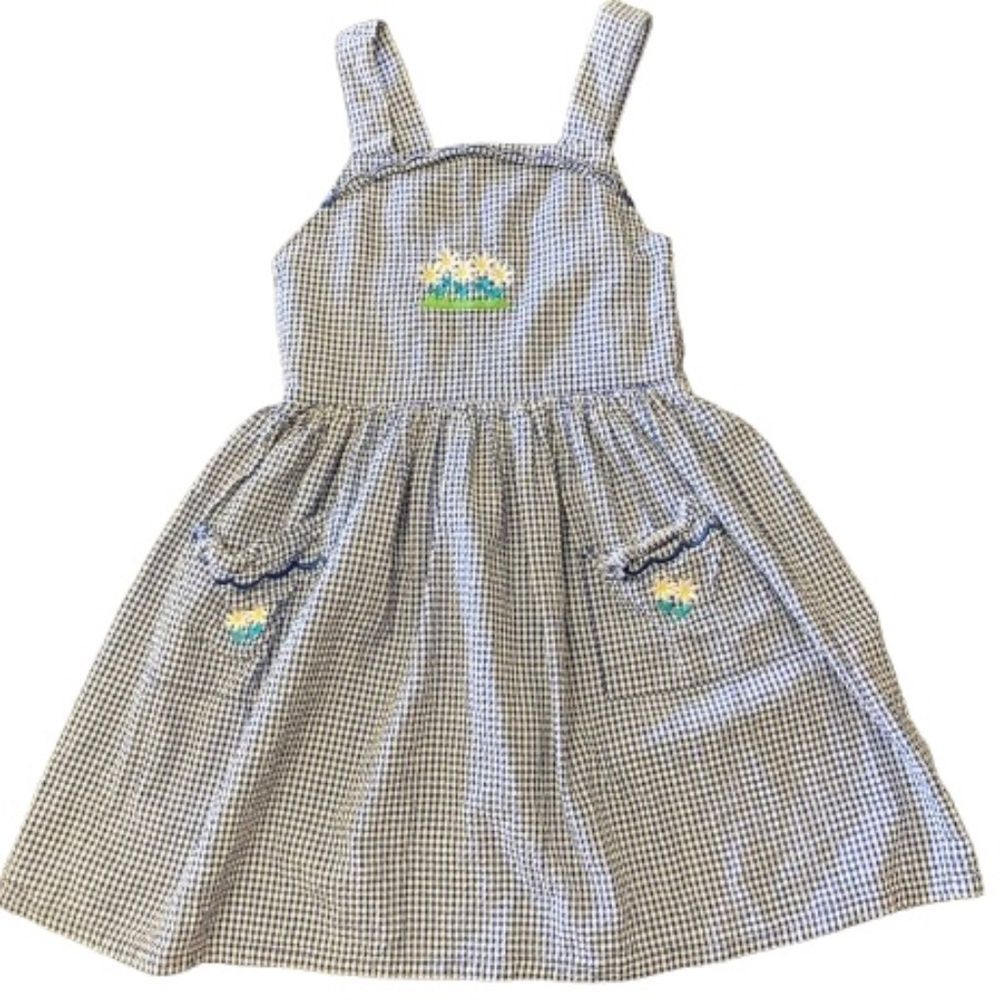 Basic Editions Girls Dress Size 12 Blue Gingham Daisy Embroidery